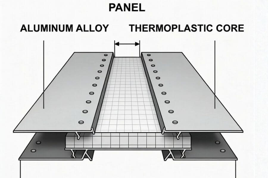 diagram explaining What Is MCM? A Practical Guide to Metal Composite Panels in Modern Architecture showing the layered structure of a metal composite panel