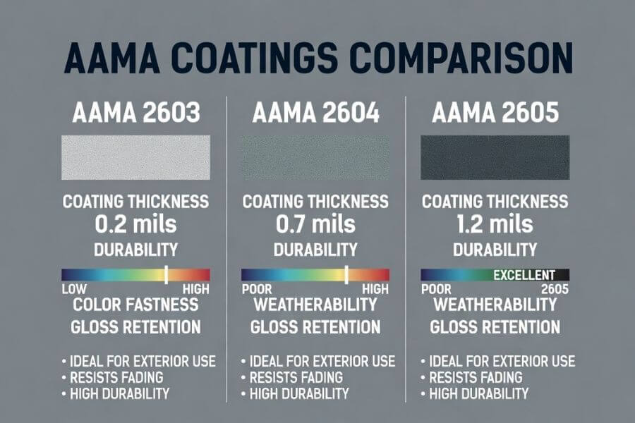 AAMA 2605 standard comparison for polyester and fluoropolymer coatings on architectural panels