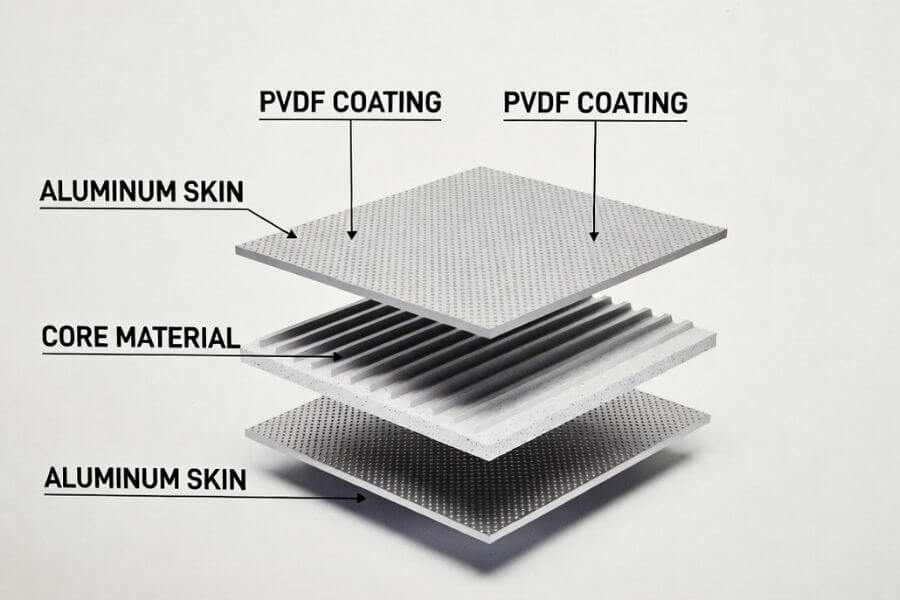 ACM panel thickness structure showing aluminum skins and core material layers ACM panel thickness structure showing aluminum skins and core material layers