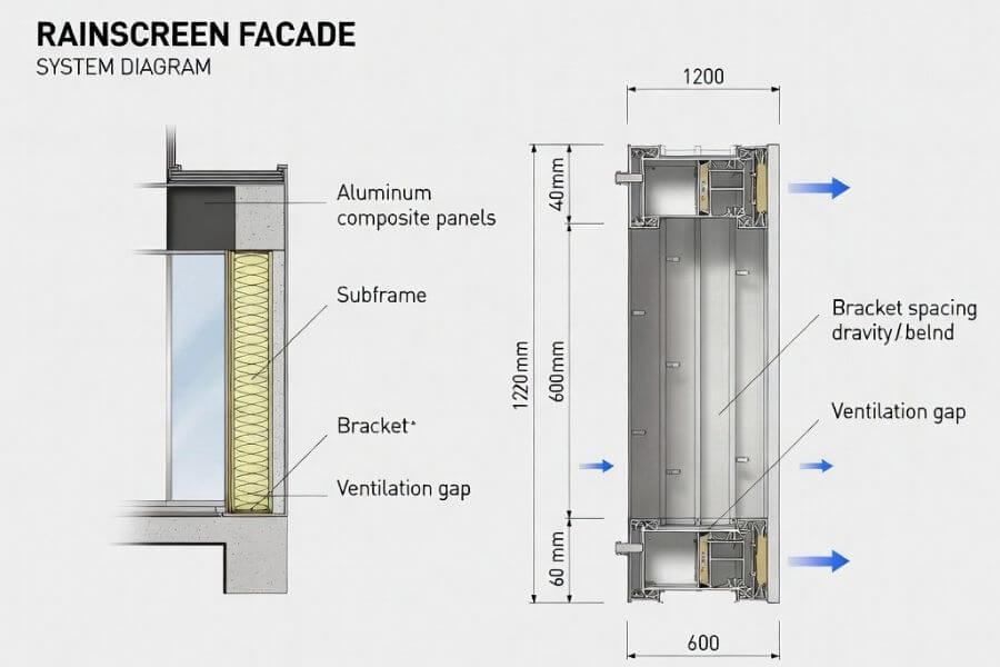ACM panel thickness integrated into rainscreen façade system with substructure and ventilation gap ACM panel thickness integrated into rainscreen façade system with substructure and ventilation gap