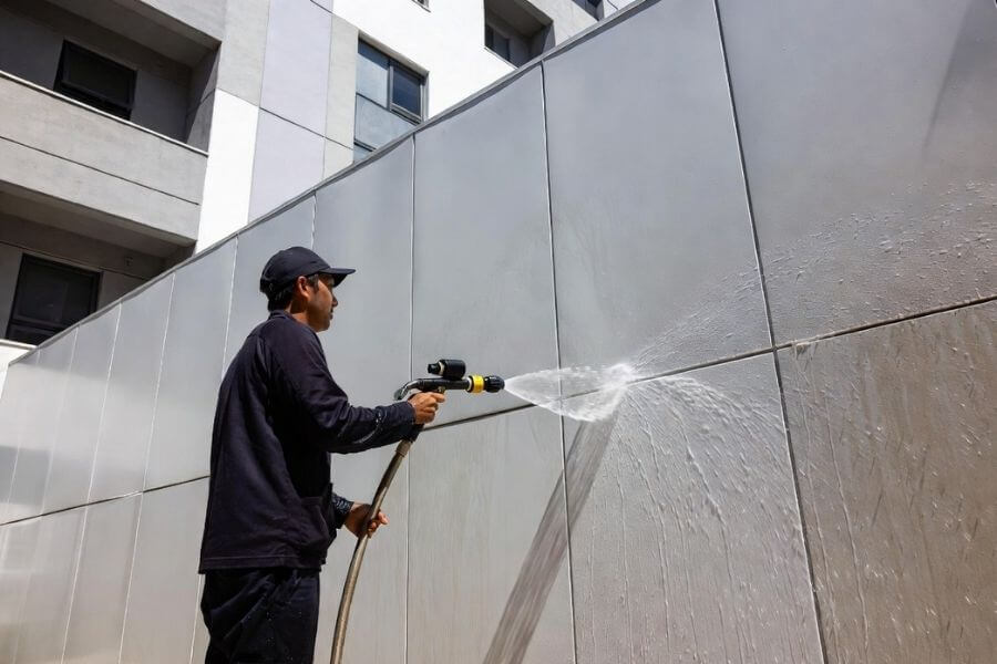 cleaning aluminum composite panels with low pressure water rinsing method