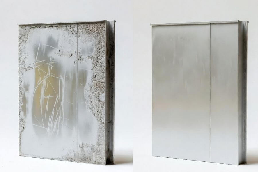 damaged vs properly cleaned aluminum composite panels showing correct cleaning methods
