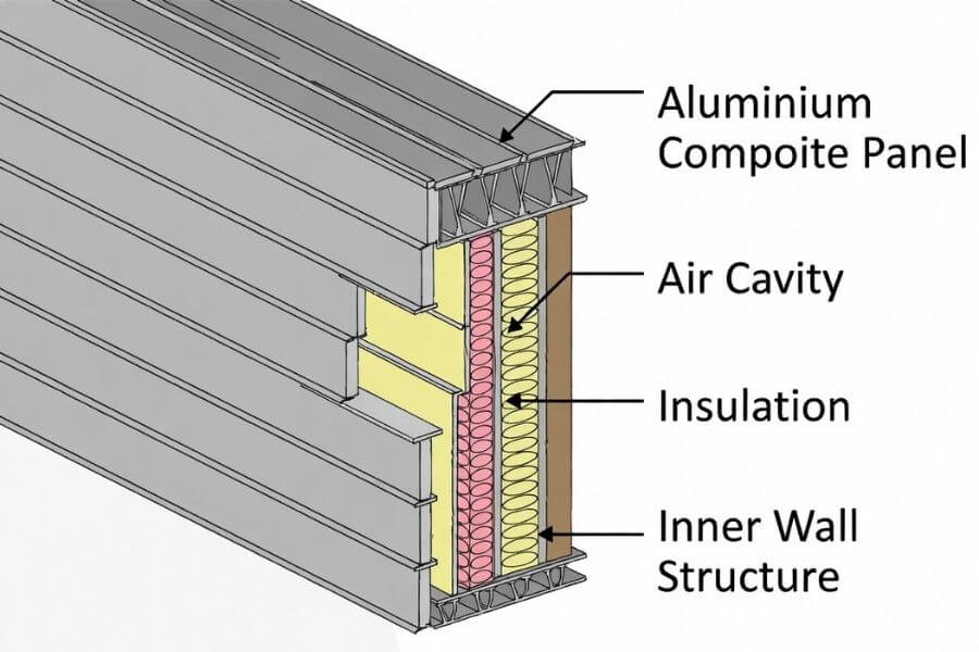 rainscreen system structure with aluminium composite panel air cavity and insulation layers rainscreen system structure with aluminium composite panel air cavity and insulation layers