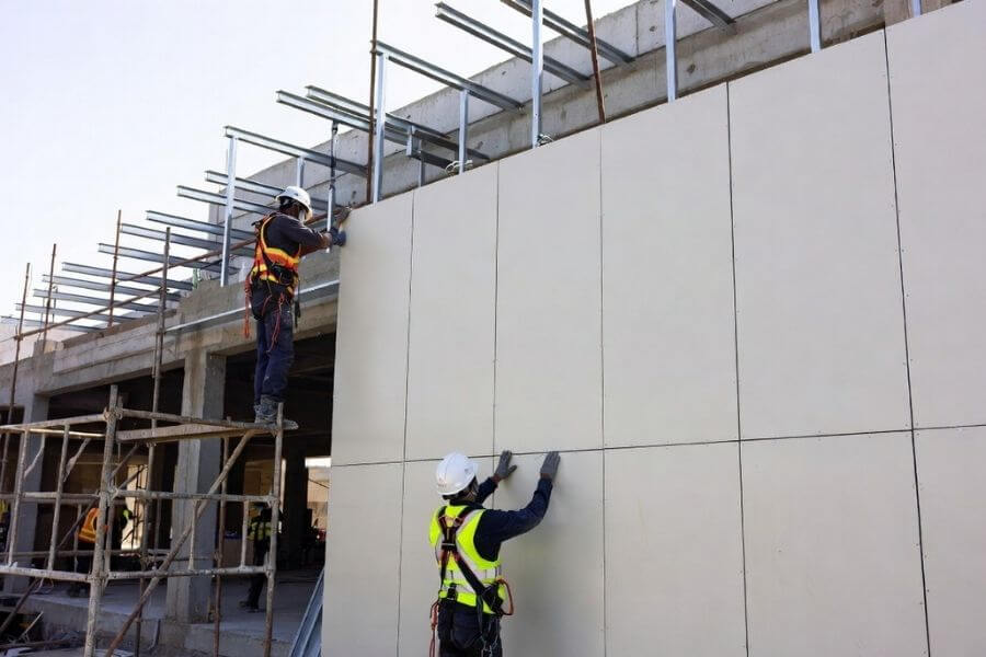 installation of aluminium composite panel rainscreen system on building facade installation of aluminium composite panel rainscreen system on building facade