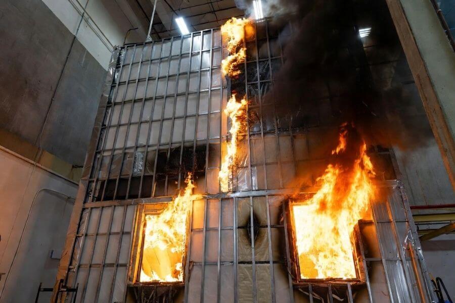 NFPA 285 fire test for exterior wall assembly with aluminum composite panel facade