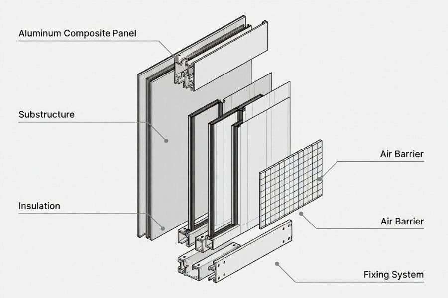 ACP cladding system structure showing panels substructure insulation and drainage layers