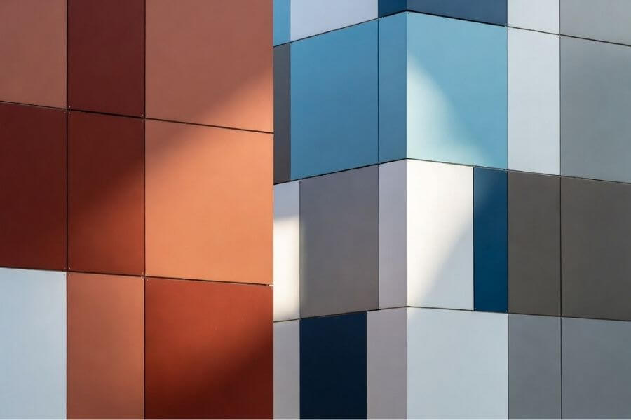 Alt文本  ACP panel color selection showing warm cool and neutral colors in architectural facade design