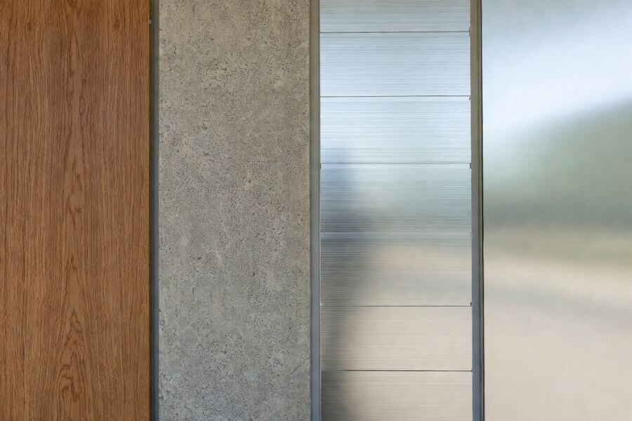 different ACP panel finishes including wood grain stone and metallic textures affecting color appearance