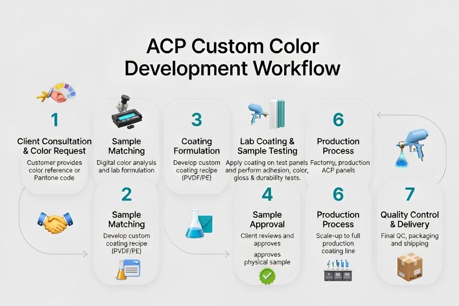ACP custom color development process from color matching to production ensuring facade color consistency