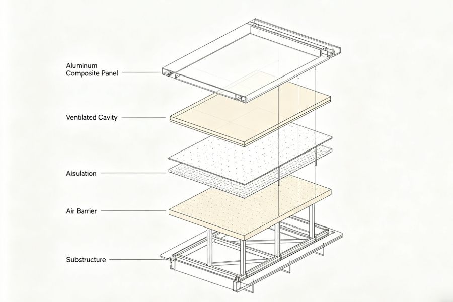 acm cladding system layers showing fire safety components in facade assembly acm cladding system layers showing fire safety components in facade assembly