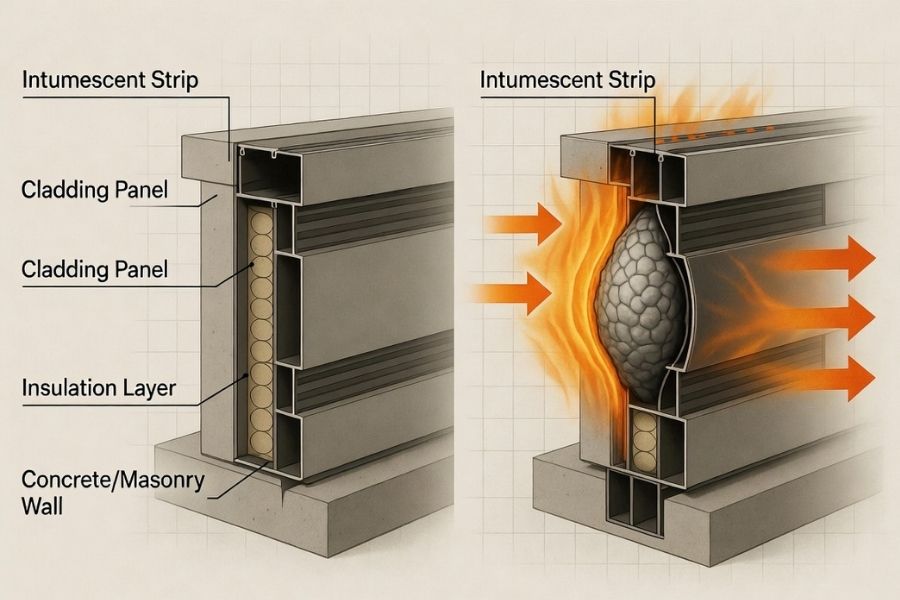 intumescent fire barrier used in acm cladding system to prevent fire spread intumescent fire barrier used in acm cladding system to prevent fire spread