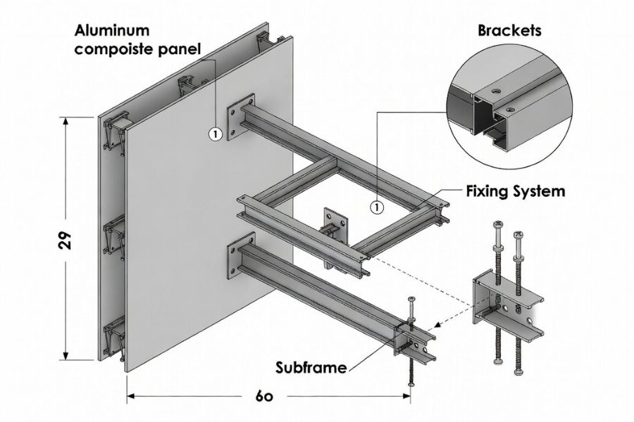 facade system showing aluminum composite panel thickness with subframe and fixing structure facade system showing aluminum composite panel thickness with subframe and fixing structure