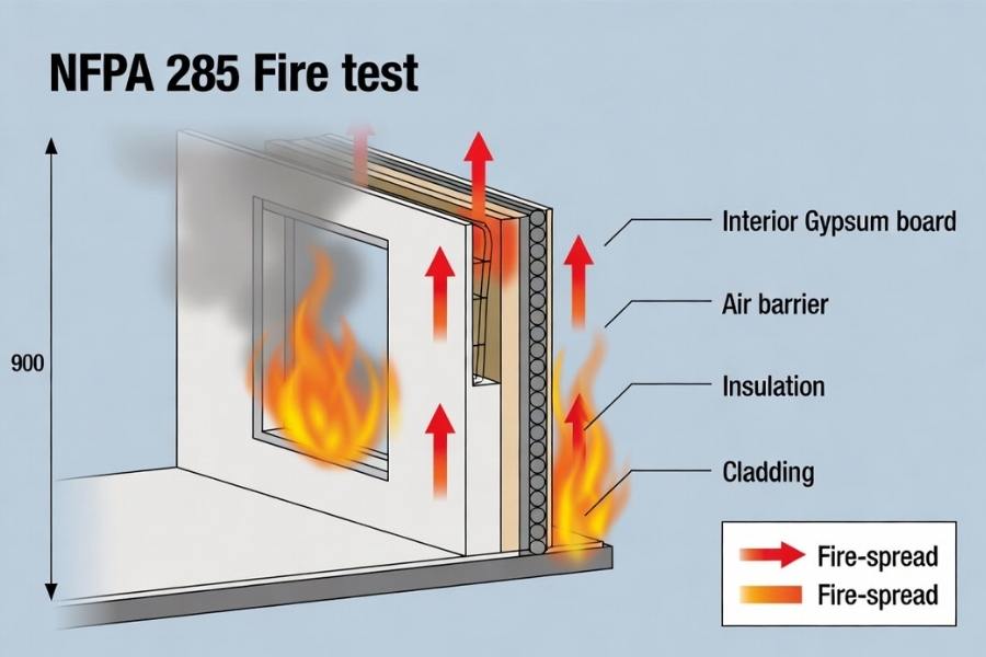 NFPA 285 fire test showing flame spread in exterior wall assembly NFPA 285 fire test showing flame spread in exterior wall assembly