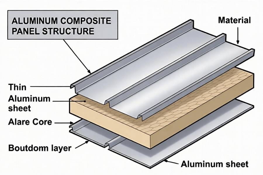 ACM panels structure diagram showing aluminum composite panel layers and core material ACM panels structure diagram showing aluminum composite panel layers and core material