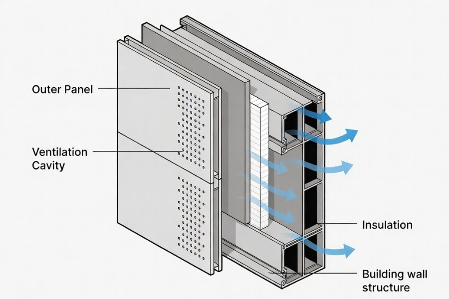 ACM rainscreen facade system diagram showing ventilation and moisture control ACM rainscreen facade system diagram showing ventilation and moisture control