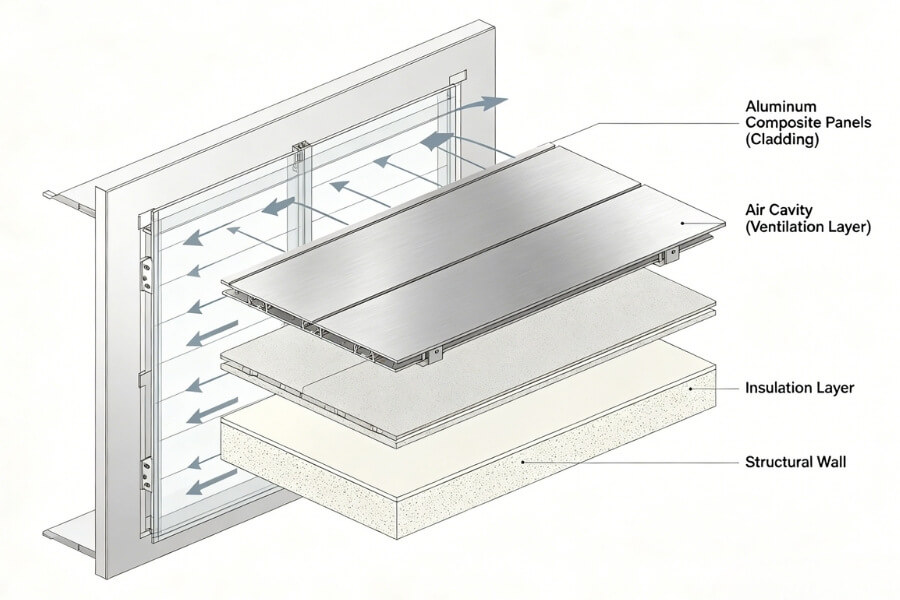 ACP façade coating system in ventilated rainscreen assembly with airflow behind panels ACP façade coating system in ventilated rainscreen assembly with airflow behind panels