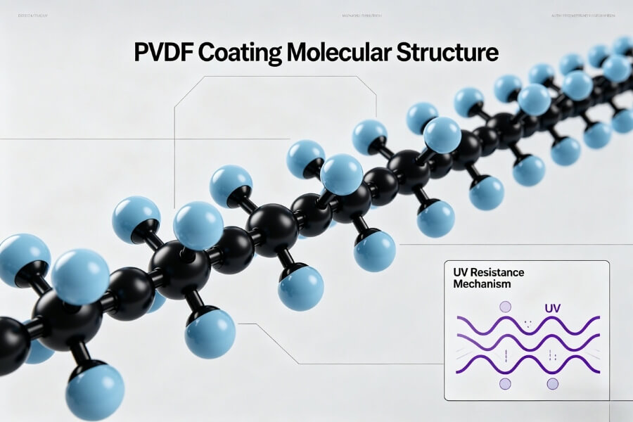PVDF coating structure showing UV resistant properties for ACP façade systems PVDF coating structure showing UV resistant properties for ACP façade systems