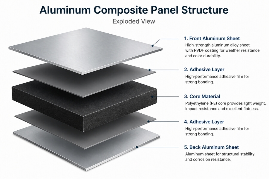 aluminum composite panel structure showing layers and core material aluminum composite panel structure showing layers and core material