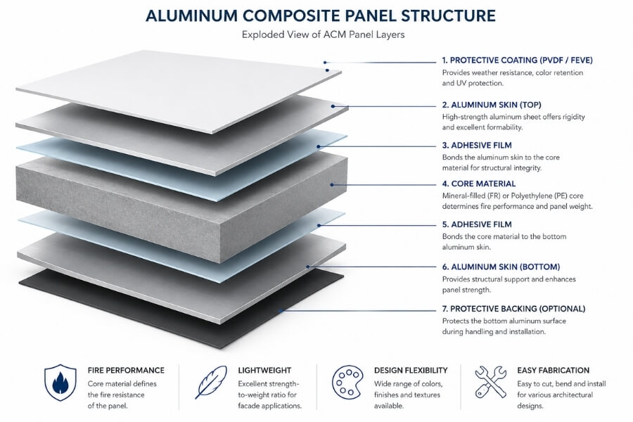 aluminum composite panel structure diagram showing core material and layers affecting fire performance aluminum composite panel structure diagram showing core material and layers affecting fire performance