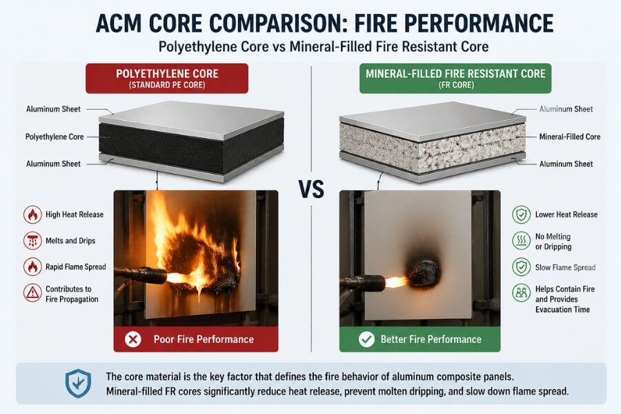 comparison of polyethylene core and fire resistant core in ACM panels showing differences in fire safety performance comparison of polyethylene core and fire resistant core in ACM panels showing differences in fire safety performance