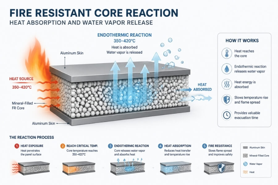 fire resistant ACM core endothermic reaction reducing heat and improving fire safety in composite panels fire resistant ACM core endothermic reaction reducing heat and improving fire safety in composite panels
