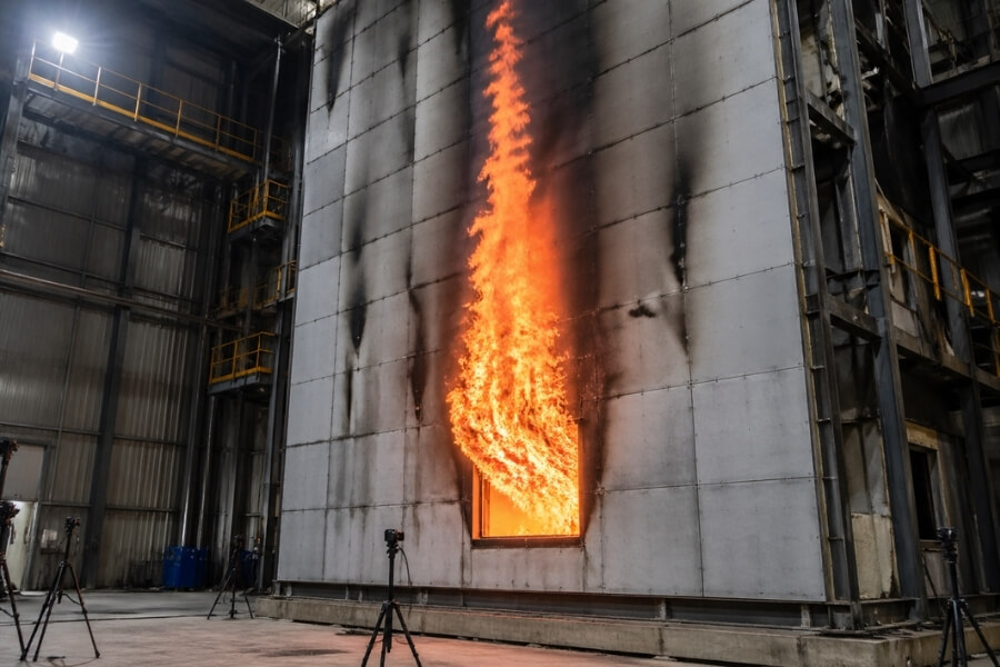 NFPA 285 fire test showing full wall assembly evaluation for ACM facade fire safety compliance NFPA 285 fire test showing full wall assembly evaluation for ACM facade fire safety compliance