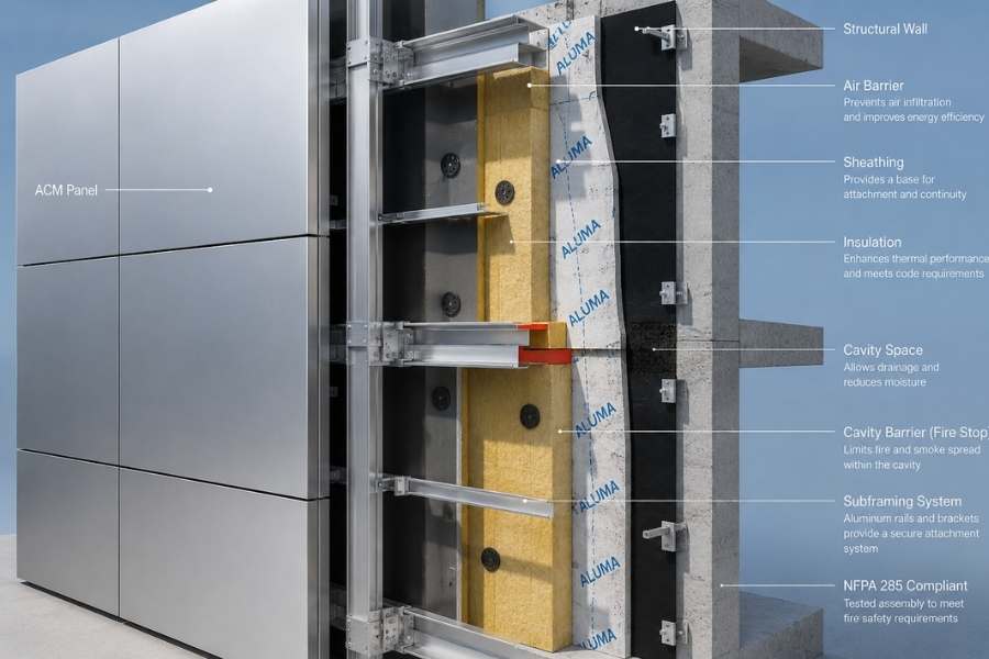 NFPA 285 compliant ACM wall assembly for commercial facade systems NFPA 285 compliant ACM wall assembly for commercial facade systems