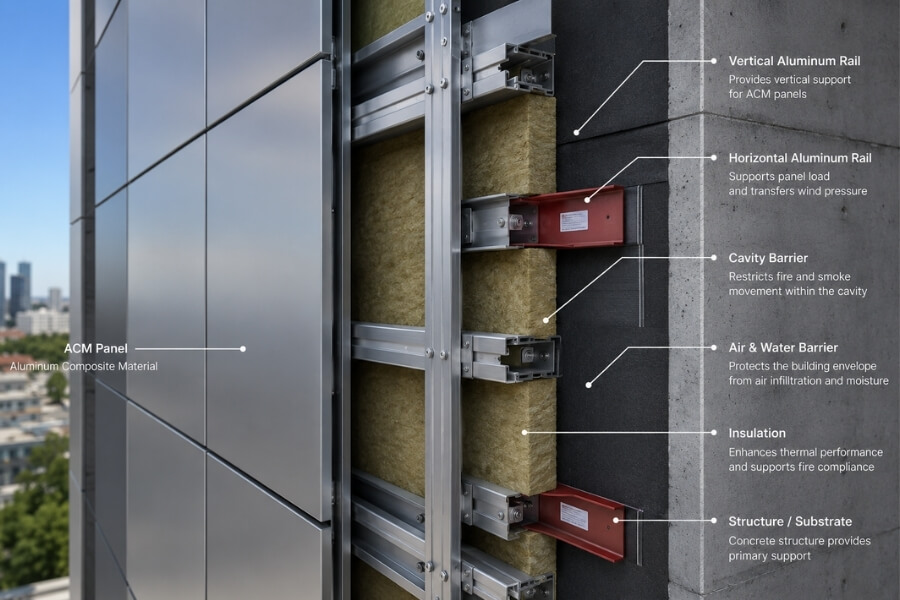 ventilated ACM rainscreen system with cavity barriers in facade construction ventilated ACM rainscreen system with cavity barriers in facade construction