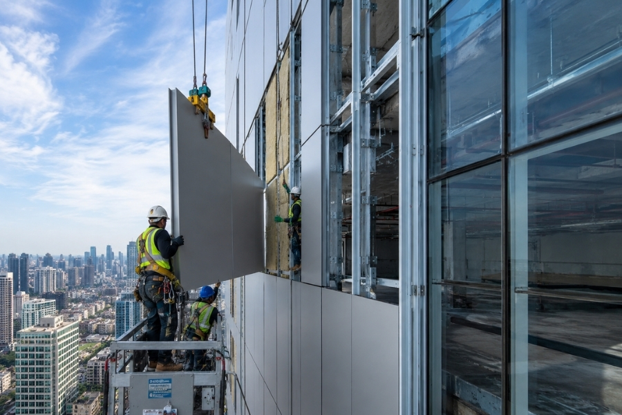 lightweight aluminum cladding panels during high-rise façade installation lightweight aluminum cladding panels during high-rise façade installation