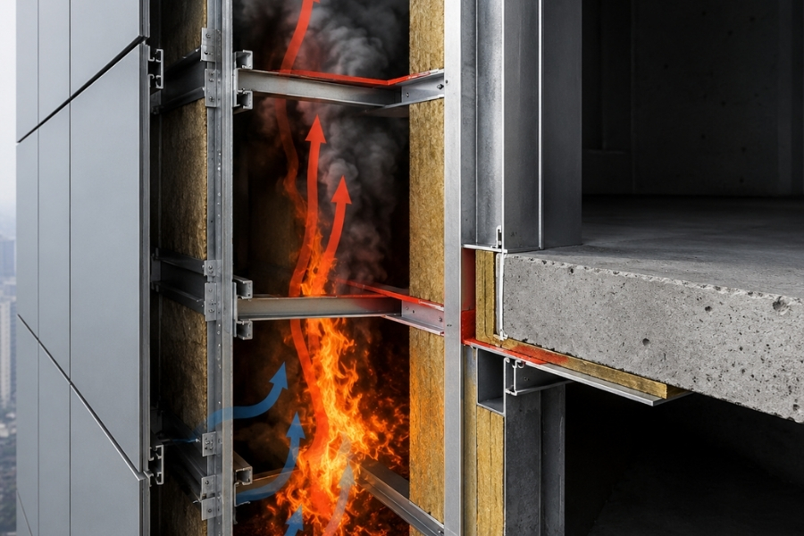 Ventilated ACM rainscreen cavity showing vertical fire spread and cavity barrier design