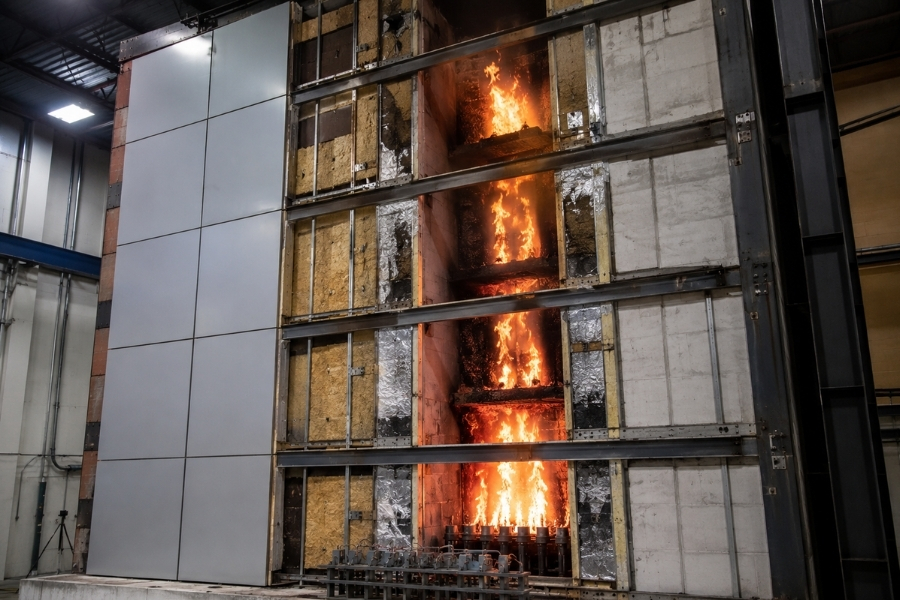 NFPA 285 fire testing of ACM exterior wall assembly with insulation and cavity system