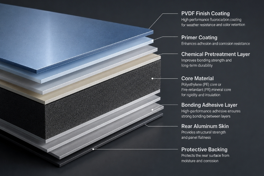 ACP panel structure with PVDF coating and aluminum composite core layers