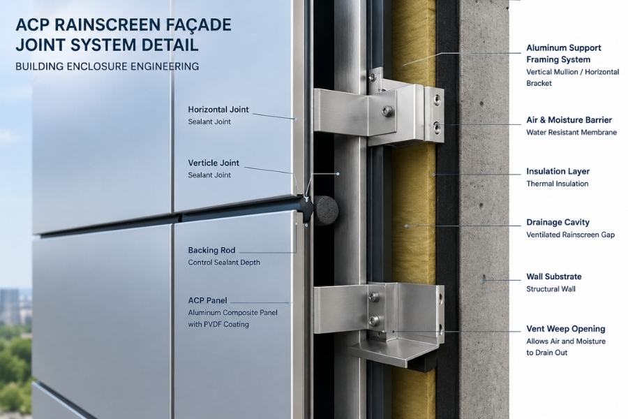 ACP rainscreen façade joint design with drainage cavity and sealant system