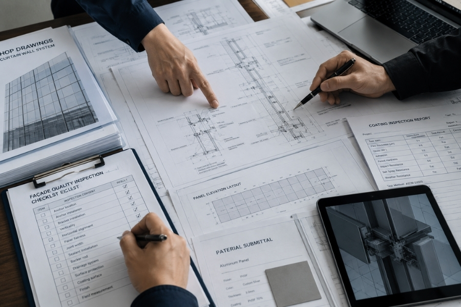Pre-installation metal façade quality control with material certification and shop drawing review Pre-installation metal façade quality control with material certification and shop drawing review