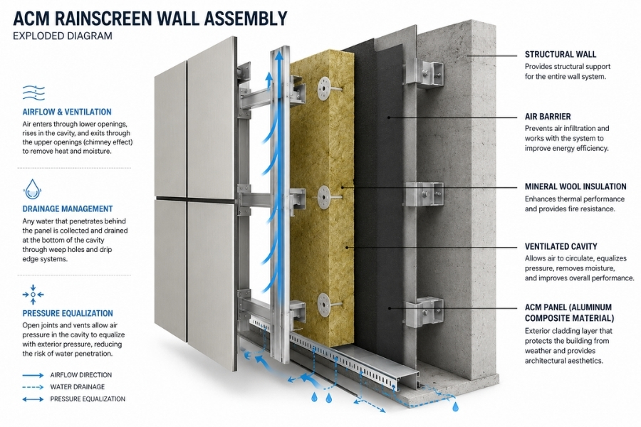 Aluminum composite panel rainscreen system showing ventilated cavity and building envelope layers