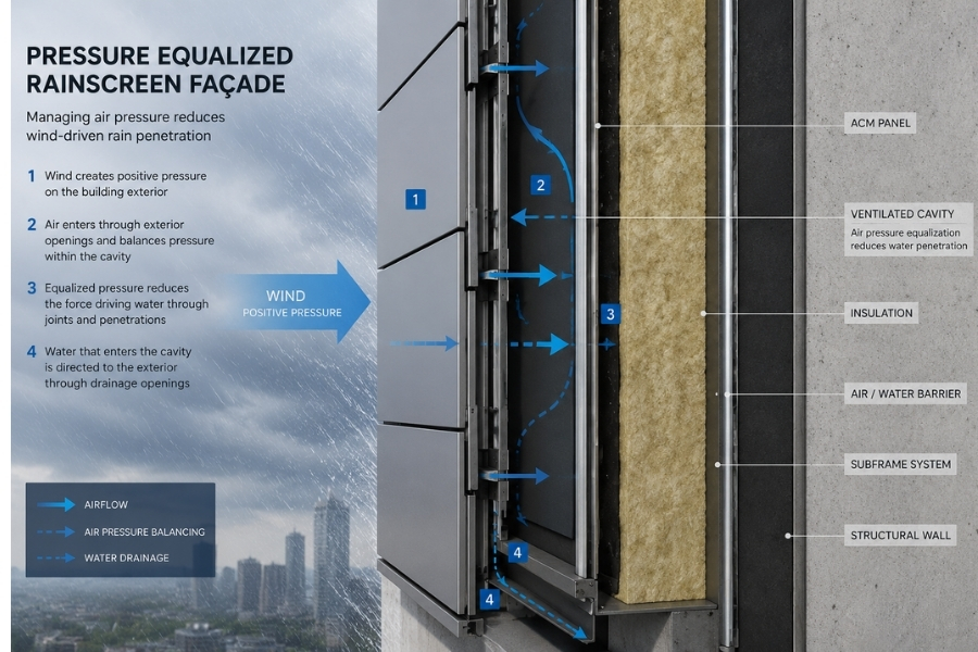 Pressure equalized rainscreen façade reducing water penetration behind ACM panels