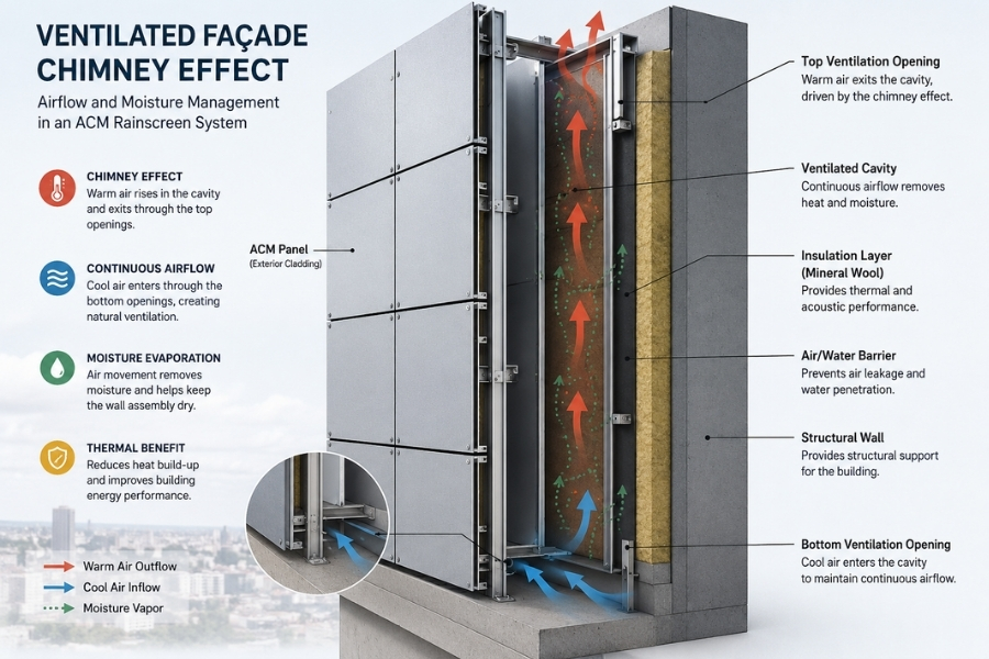 Ventilated façade cavity supporting airflow and moisture control in an ACM rainscreen system