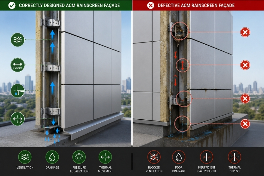 Common ACM rainscreen system design mistakes affecting drainage and ventilation performance
