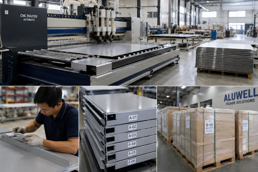 factory fabrication process for prefabricated aluminum composite panels and cassette systems