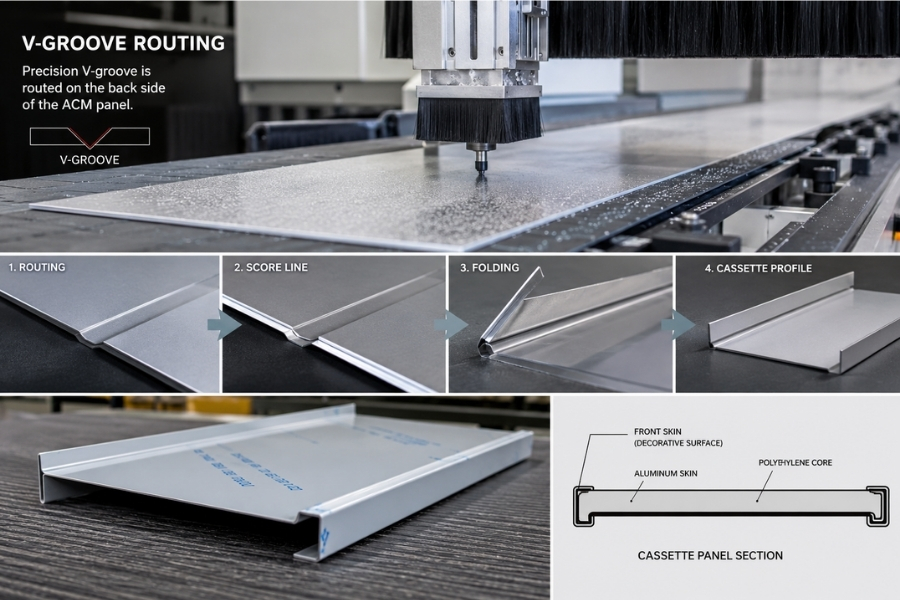 routing and folding process used to manufacture prefabricated aluminum composite panels