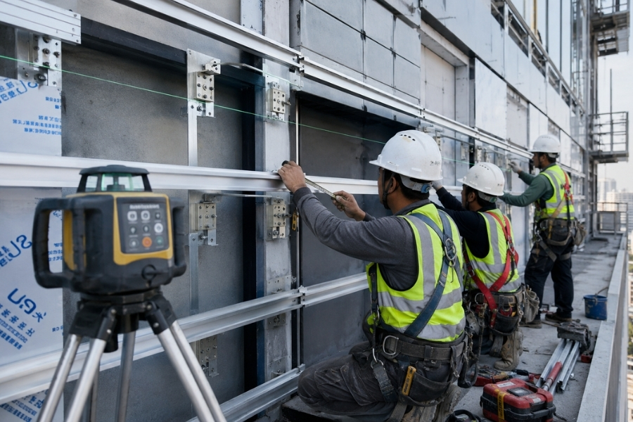 on-site ACM fabrication requiring bracket alignment and subframe adjustment before panel installation