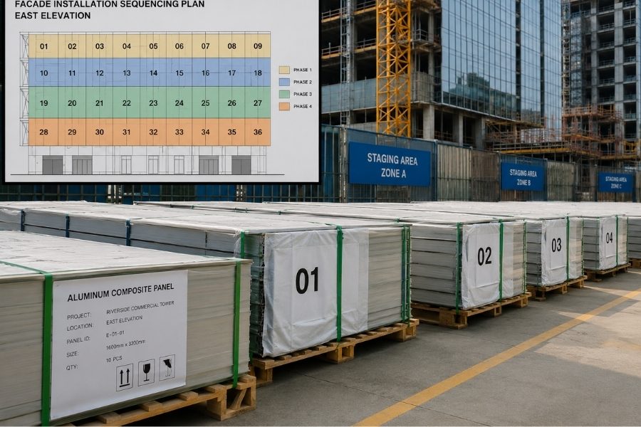 prefabricated aluminum composite panels labeled and packaged for efficient façade installation sequencing