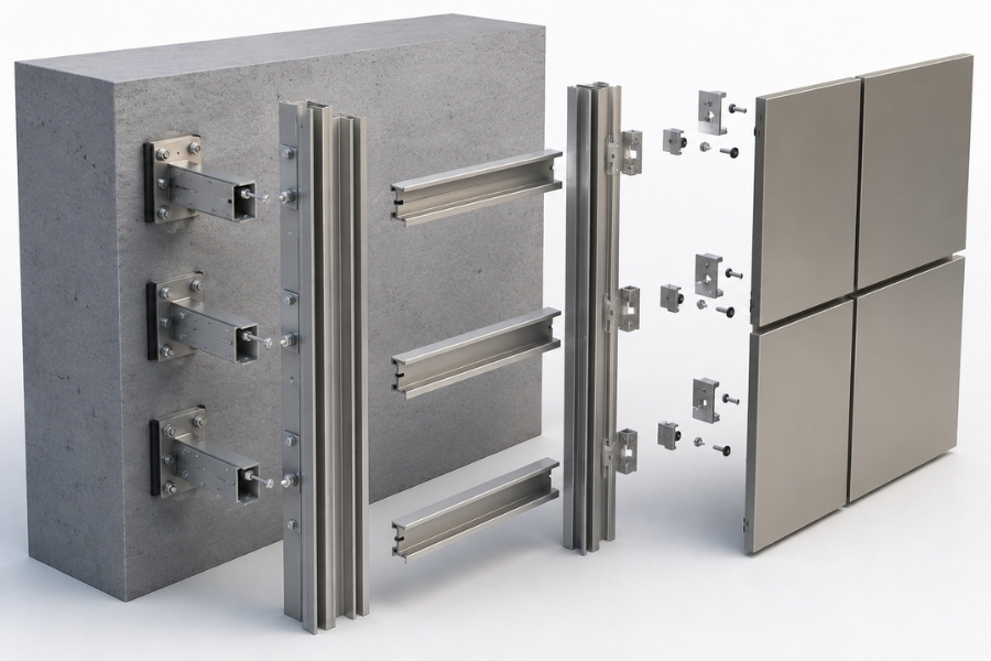Components of an ACM subframe system including brackets rails clips and fasteners