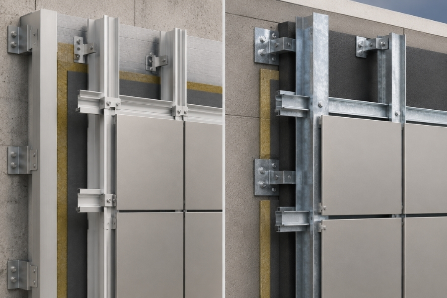 ACM rainscreen system with weather resistant barrier and ventilated cavity